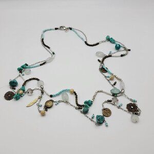 Express Silver Tone Charm Necklace Crystal Flower Turquoise Double Chain 31 inch